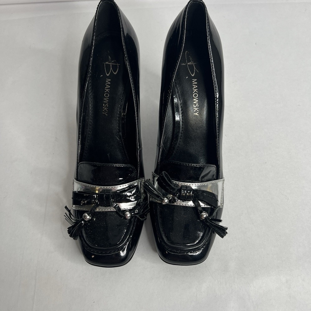 B Makowsky Black Patent Leather‎ High Heel Loafers Pumps 3.5" Tassels 9 M